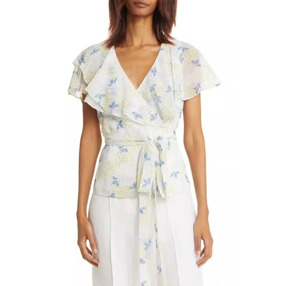 NWT TED BAKER Gemmiaa Floral Print Ruffle Wrap Blouse Blue Size 1 (4 US) - Picture 5 of 14